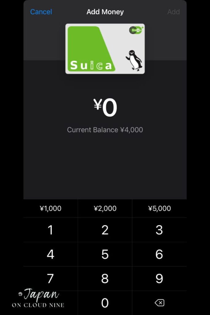 newly added Mobile digital virtual Suica card on Apple Wallet iPhone zero balance need top up
