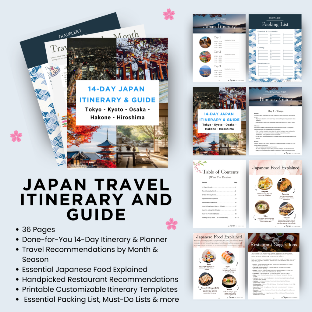 japan travel itinerary guide planner season guide journal food restaurant recommendations food restaurants workbook tokyo osaka kyoto hiroshima hakone onsen digital download instant printable file