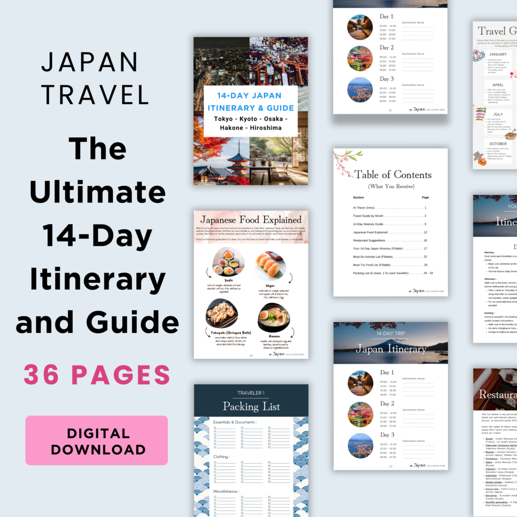japan travel itinerary guide planner season guide journal food restaurant recommendations food restaurants workbook tokyo osaka kyoto hiroshima hakone onsen digital download instant printable file