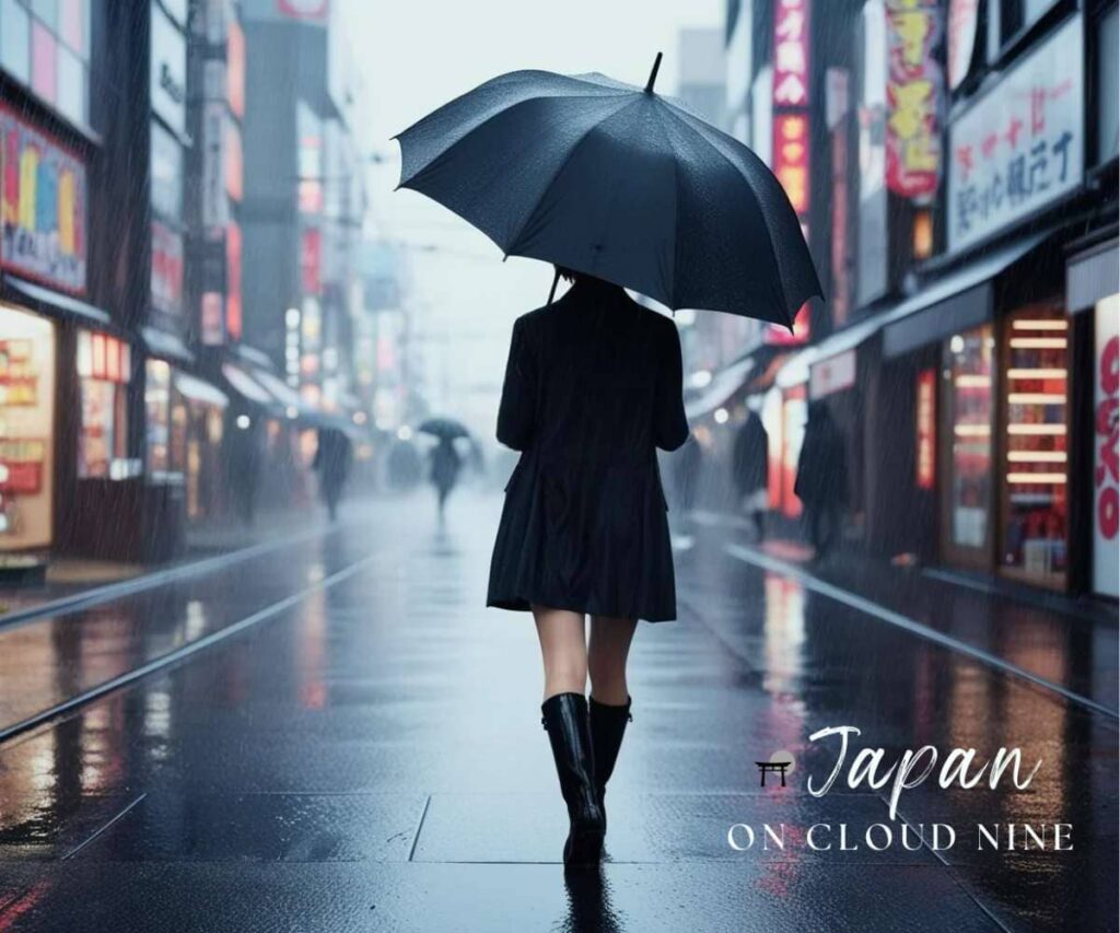 unpredictable weather woman with umbrella walking in the rain on the street of Tokyo Japan