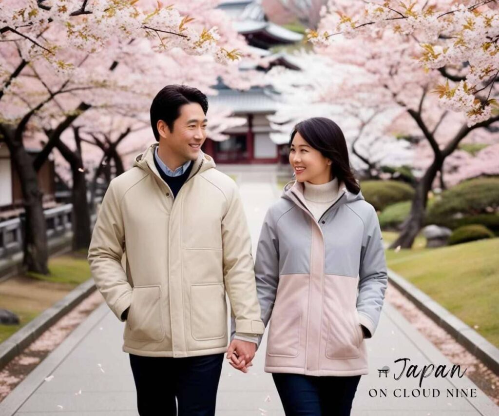 couple wearing light wind jackets and clothings walking under cherry blossoms in a park in Kyoto Japan in spring season